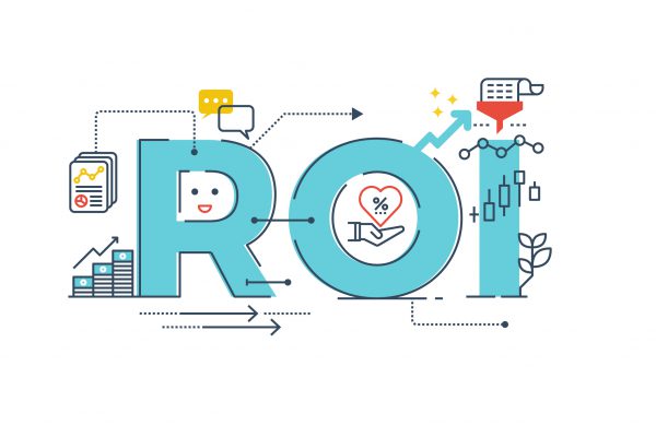 ROI : Return on investment word lettering typography design illustration with line icons and ornaments in blue theme