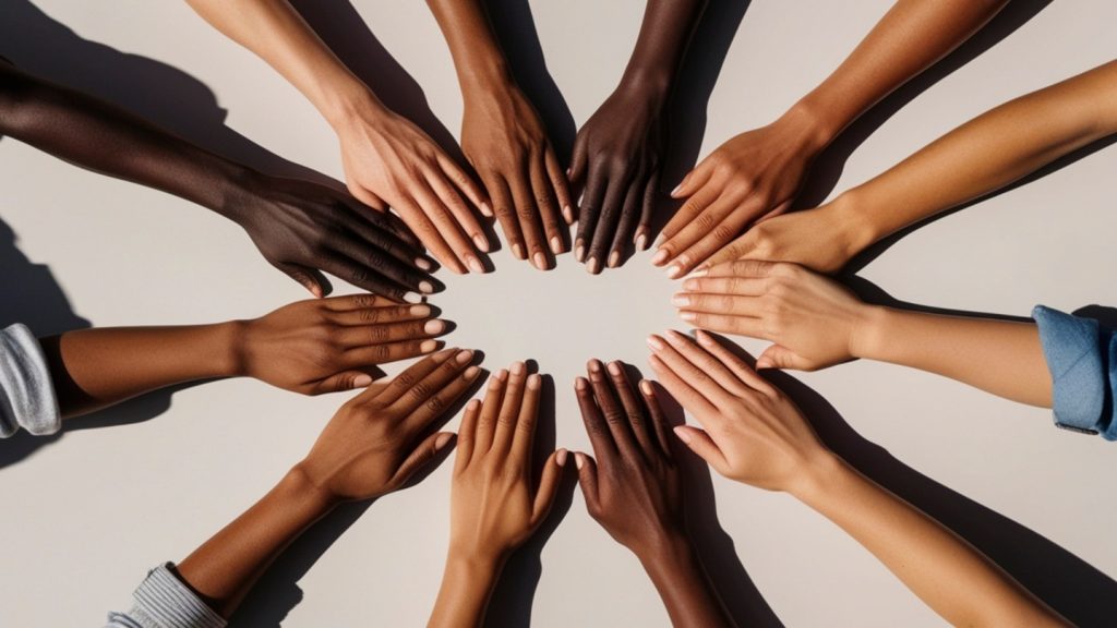 Grupo de mãos de pessoas com diferentes tons de pele formando um círculo, simbolizando diversidade, pertencimento e comunidade de marca no varejo.