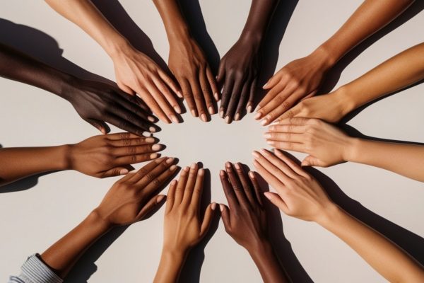 Grupo de mãos de pessoas com diferentes tons de pele formando um círculo, simbolizando diversidade, pertencimento e comunidade de marca no varejo.