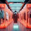 Loja imersiva com design futurista, iluminação digital e exposição de produtos, representando as tendências de inovação e experiência no varejo em 2026.