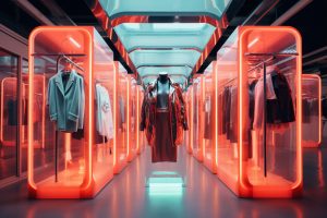 Loja imersiva com design futurista, iluminação digital e exposição de produtos, representando as tendências de inovação e experiência no varejo em 2026.