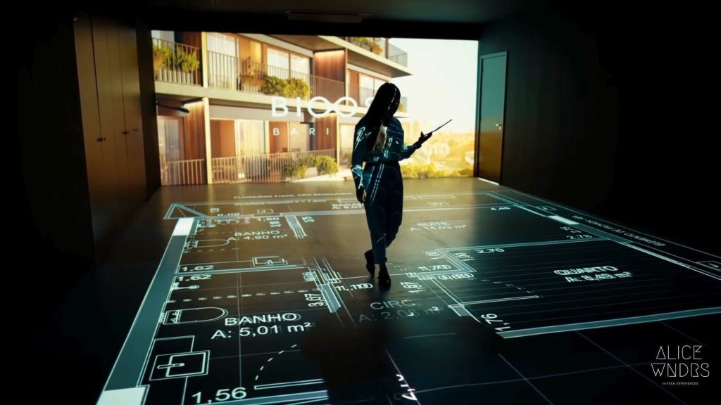 Magic Floor desenvolvido pela Alice Wonders para o Grupo Laguna, permitindo que visitantes explorem um apartamento em escala real por meio de uma experiência imersiva e interativa.