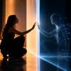 Experiência imersiva que representa a conexão entre inteligência artificial e fator humano.