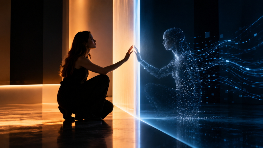 Experiência imersiva que representa a conexão entre inteligência artificial e fator humano.