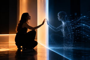 Experiência imersiva que representa a conexão entre inteligência artificial e fator humano.