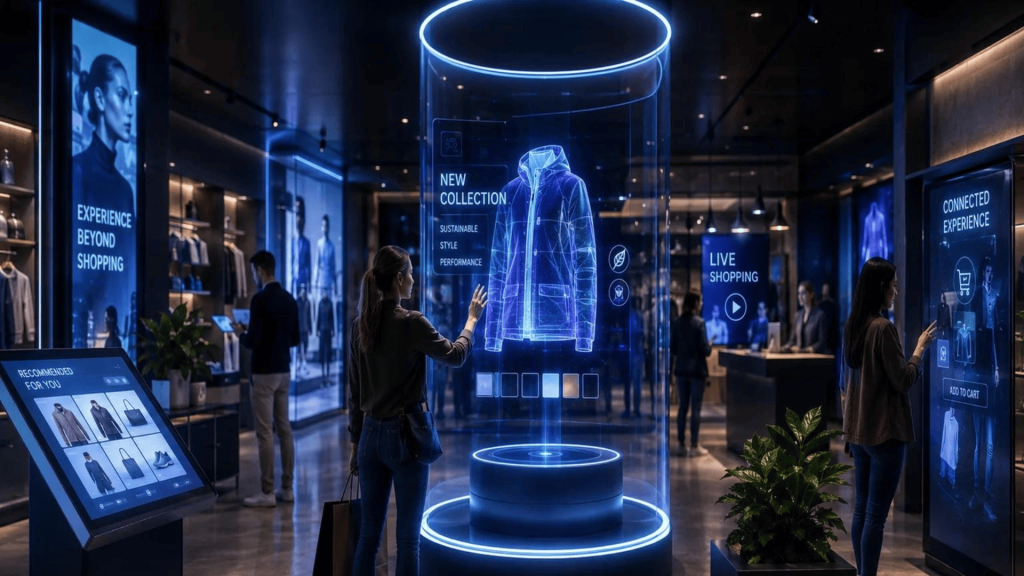 Loja física com tecnologia interativa e holograma para experiência do consumidor no varejo