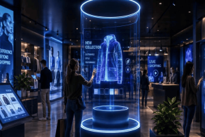 Loja física com tecnologia interativa e holograma para experiência do consumidor no varejo
