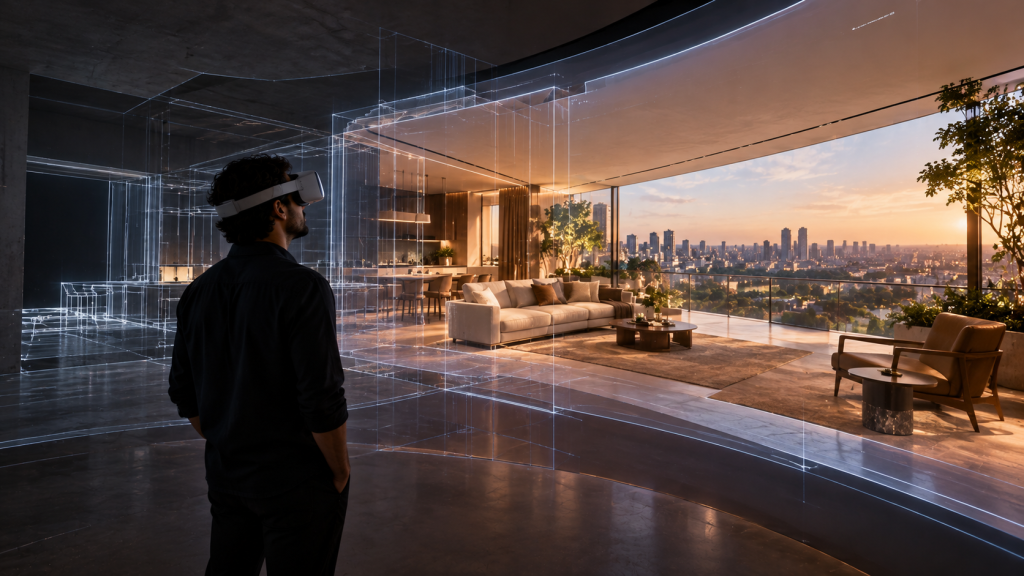 Experiência imersiva no mercado imobiliário com realidade virtual e visualização de apartamento antes da obra.