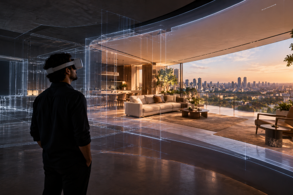 Experiência imersiva no mercado imobiliário com realidade virtual e visualização de apartamento antes da obra.