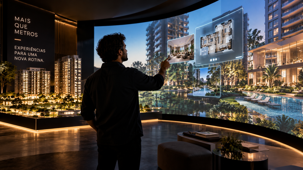 Stand de vendas imobiliário com maquete iluminada, telas interativas e cliente explorando plantas de apartamentos.