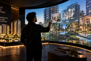 Stand de vendas imobiliário com maquete iluminada, telas interativas e cliente explorando plantas de apartamentos.