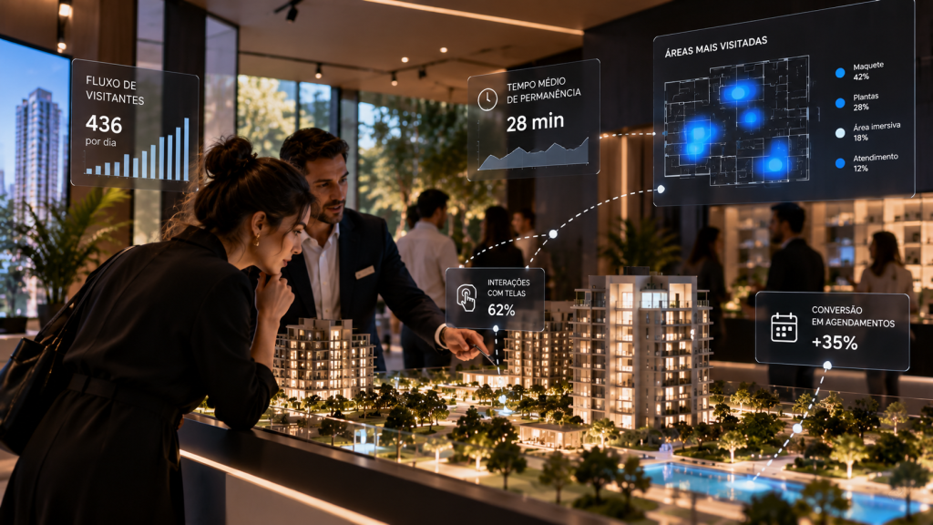 Análise do comportamento do cliente em stand de vendas imobiliário com indicadores de fluxo, permanência e interações.