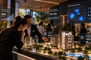 Análise do comportamento do cliente em stand de vendas imobiliário com indicadores de fluxo, permanência e interações.