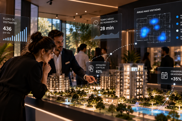 Análise do comportamento do cliente em stand de vendas imobiliário com indicadores de fluxo, permanência e interações.